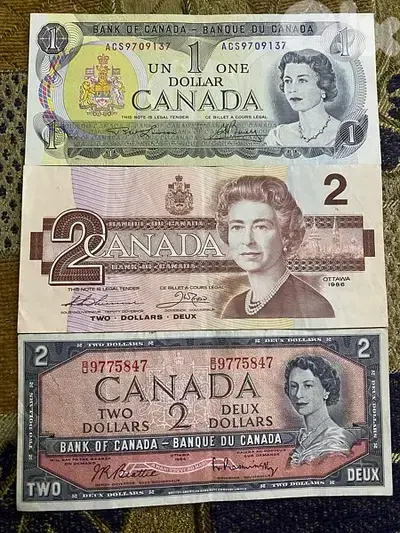 1, 2 Canadian dollars 1954 till 1986  banknotes