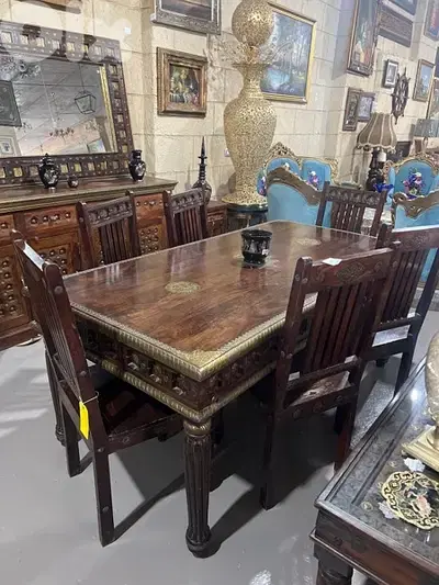 solid wood teak dining table with 6 chairs mirroe and dersoir
