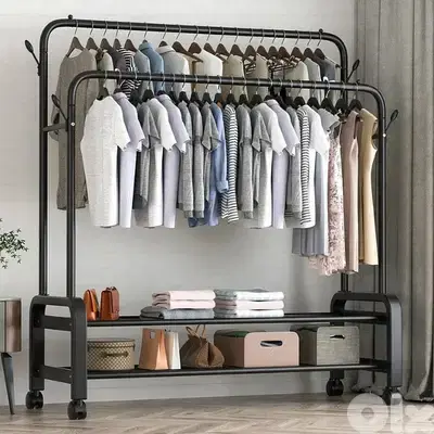 Double Pole Clothes Stand, Garment Rack with Coat Hangers, Shoe Shelf