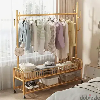 Golden Clothes Rack with Shoe Storage, Shelves & Side Hooks