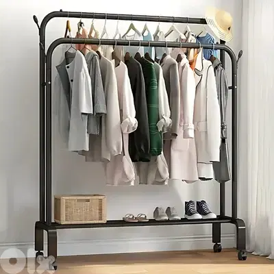 Double Pole Coat Rack – Wheels, 2 Shelves & Heavy-Duty Steel Frame