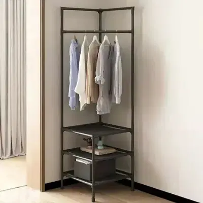 Corner Clothes Rack, Metal Hanger with 3 Shoe Storage Shelves