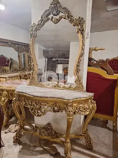كونسول مع مراية خشب زين حفر ناعم تلبيس ورق الذهب رائع جدا وجه رخام فخم