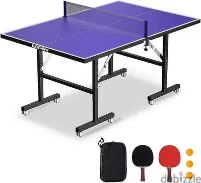 ping pong table (with rackets and balls)