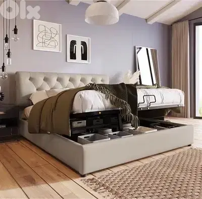 Double Bed, Adjustable Headboard, Bed with Metal Slatted Base