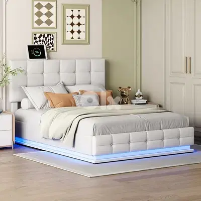 double bed leather white