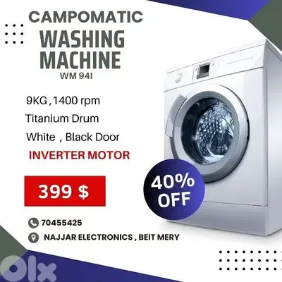 CAMPOMATIC WASHING MACHINE 9KG INVERTER