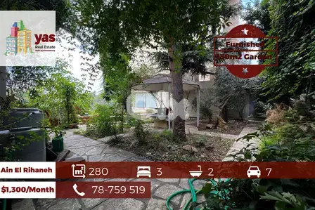 Ain El Rihaneh 280m2 | 150m2 Garden | Furnished | Rent | Calm Area |KS