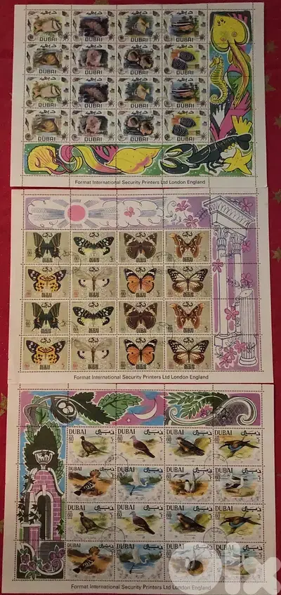 3 Sheets Fish Butterflies Birds stamps Dubai UAE Emirates 1969