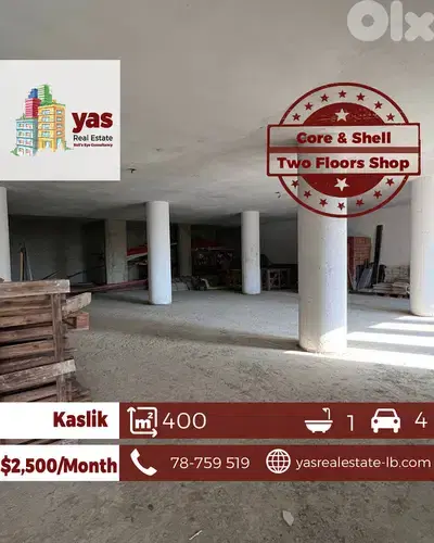 Kaslik 400m2 | Two Shops Floors | Rent | Core & Shell | EH