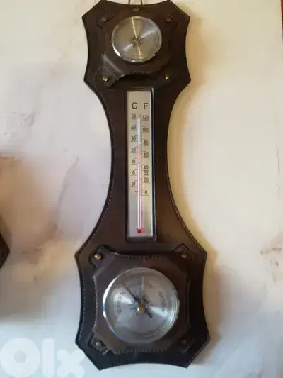 vintage hygro + thermo + barometer on leather platform 50cm