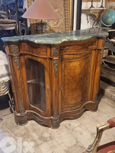 large wood and glass with marble top bahu sideboard