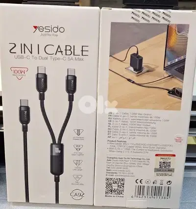 YESIDO 2 IN 1 CABLE USB-C TO DUAL TYPE-C 5A MAX (100W MAX OUTPUT) CA92