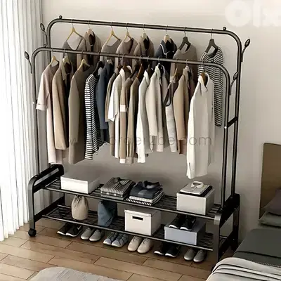 Modern Double Rod Clothing Rack – 48kg Load, Wheels & 2 Shelves