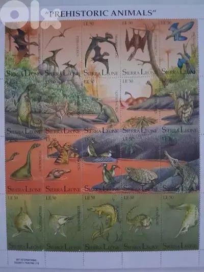 sheet of postage stamps from Sierra Leone various prehistoric animals.