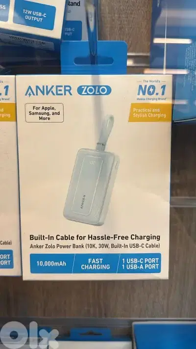 Anker zolo power bank (10k,30w,built in usb-c cable) blue 35$ last