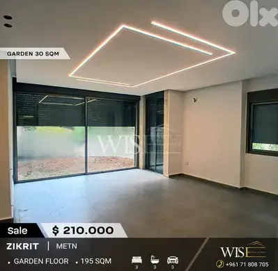 Stunning 195 SQM Apartment with Garden for SALE in Zikrit!