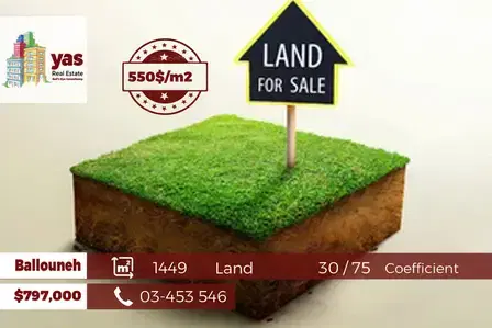 Ballouneh 1449m2 | Land | 30 / 75 Coefficient | Sea View | WA |