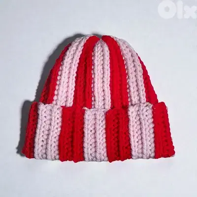 handmade crochet red and light pink striped ribbed beanie chunky