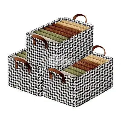 Steel-Frame Houndstooth Bin: Heavy-Duty Stackable Fabric Organizer
