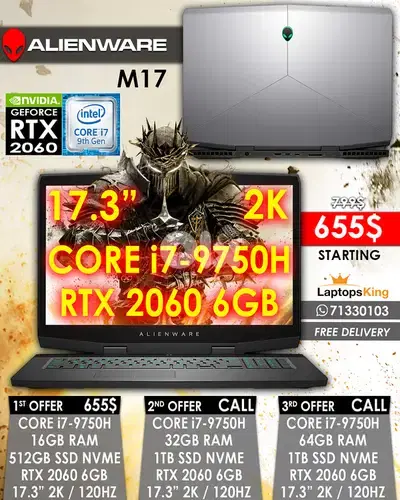ALIENWARE M17 CORE i7-9750H RTX 2060 6GB 17.3” 2K 120HZ SCREEN GAMING ALIENWARE M17 CORE i7-9750H RTX 2060 6GB 17.3” 2K 120HZ SCREEN GAMING