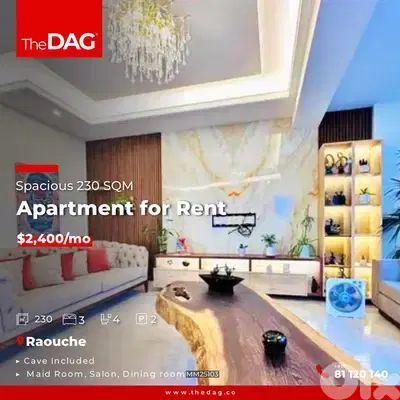 Spacious 230 SQM Apartment for Rent in Raouche شقة للإيجار