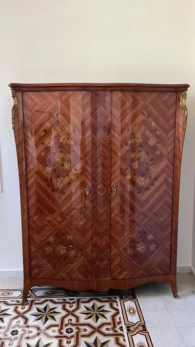 Armoire, French Louis XV Style Floral Inlaid Marquetry, Gilt, Shelves,