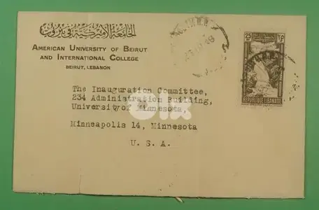 ظرف بريد ارسل من الجامعة الاميركية في بيروت إلى اميركا سنة ١٩٣٨