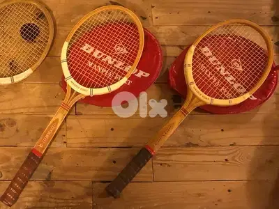 4 Vintage Wooden Tennis Rackets – 3 Dunlop (2 with Original Covers)