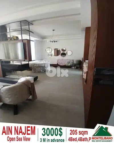 205 sqm Apartment For Rent in Ain Najem عين نجم with Open Sea View