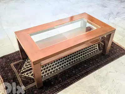 Wooden low table with glass – good condition