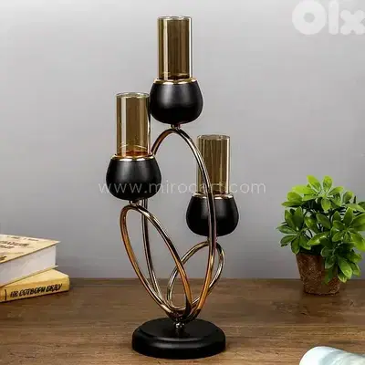 Amber Glass 3-Arm Candle Holder — Black & Gold