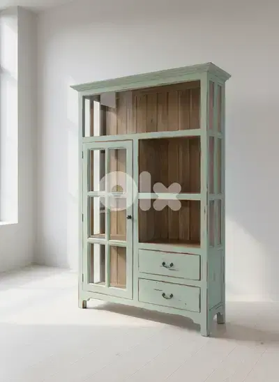 Rustic Olive Green Cabinet: Glass Door, Open Shelving & 2 Drawers