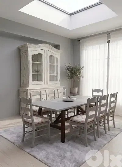 10-Piece French Country Dining Set: Large Cabinet, Table & 8 Chairs