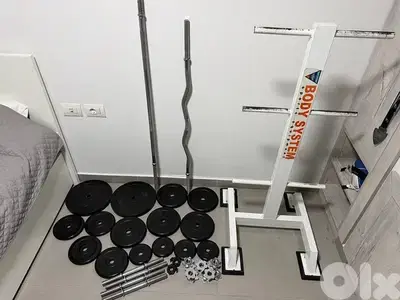 60kg Home Gym Set – Plates, Dumbbells, Barbell + EZ Bar + Stand