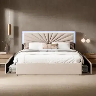 queen bed with led light and 4 drawers storage