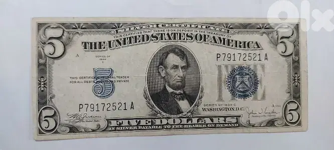 USA Five Dollars Silver Certificate Banknote year 1934 Memorial