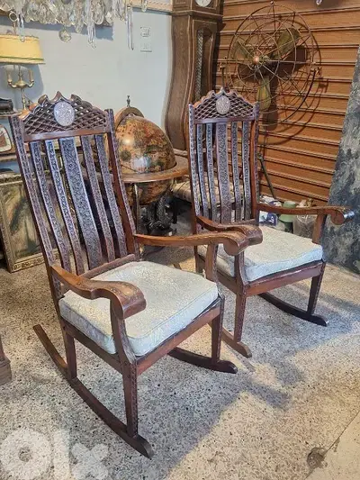 2 antique hand carved brass inlaid solid wood swing chairs