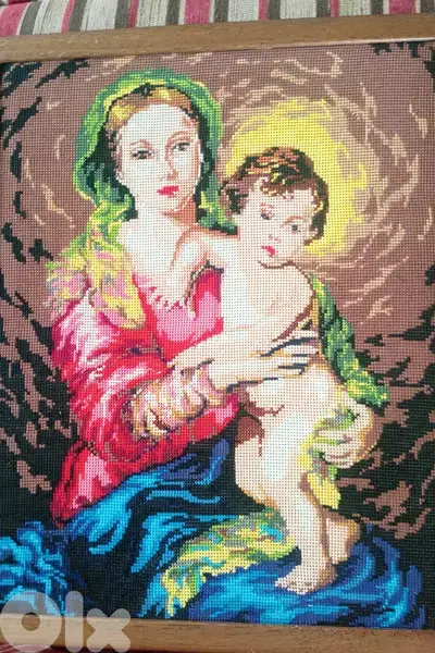 Vintage handmade needlework "gobelin" Jesus and Mary