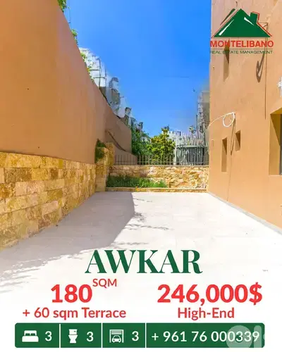 180 sqm Apartment For Sale in Awkar عوكر with 60 sqm Terrace