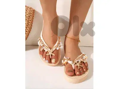 New Summer Natural Shell & Starfish Rhinestone Decorated Woman Beach Flip Flops