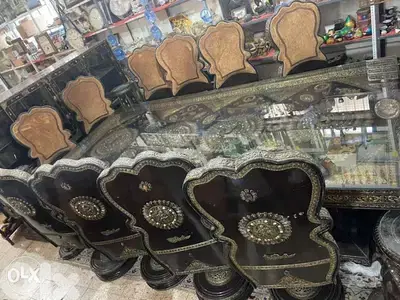 huge table with 12 chairs and dersoir all solid wood with copper and g