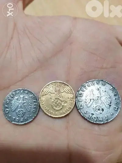 set of three German Nazi coins of WW2 era of the 3rd Adolph Hitler
