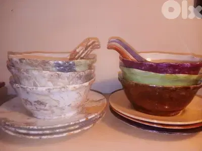 set of 6 fancy porcelain soup bowls + porcelain spoons