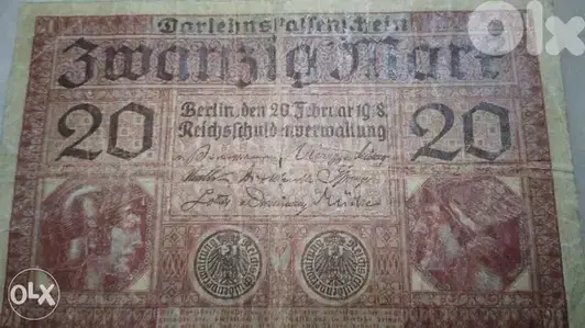 German WW1 20 Mark Reich Banknote year 1918
