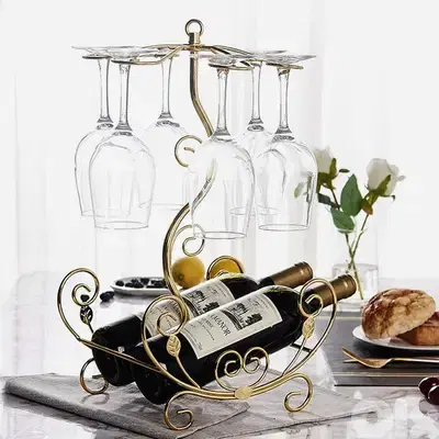 Golden Vine Wine Rack, 2 Bottles & 6 Glasses Display Holder Golden Vine Wine Rack, 2 Bottles & 6 Glasses Display Holder