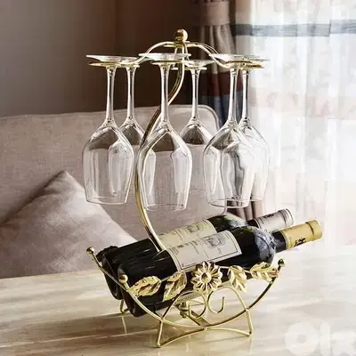 Olive Wine Rack – Gold Wine Storage for 2 Bottles, 6 Glasses Olive Wine Rack – Gold Wine Storage for 2 Bottles, 6 Glasses